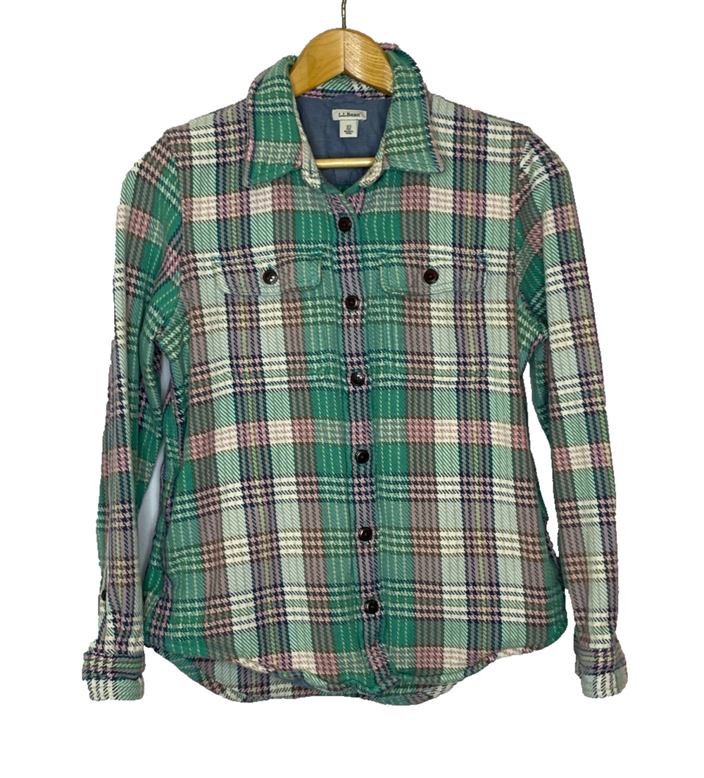 Women's XS L.L.Bean Houndstooth Green Button Down Cotton Shirt